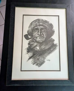 Weiser Mann Kohlebild signiert vom Künstler Van Alstyne 26" x 20" Holzrahmen - Bild 1 von 11
