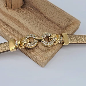 Lia Sophia STYLISTA Gold Leather Band Bracelet – Cut Crystal Accented Links - Picture 1 of 11