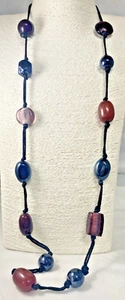 Chunky Glass Bead Necklace Black Purple Dark Red Cord RETRO 96cm - Picture 1 of 14