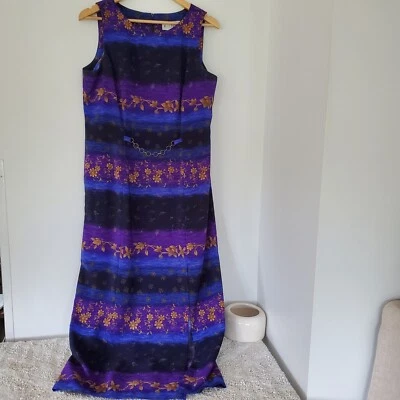 VTG 80s MISS DORBY Sz 14 Sleeveless Maxi Dress Purple Blue Gold Floral Soft Poly - Image 1 of 4