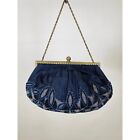 Antique Silk evening purse with French Steel-Cut Micro Glass Beads Purse in blue