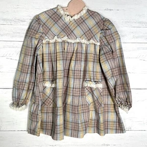 Vintage 70s Girls Plaid Long Sleeve Dress With Pockets Handmade Sz 2T - Picture 1 of 5