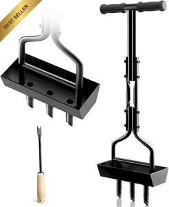 Manual Lawn Core Aerator with Soil Storage Tray 3-Tine Yard Gardening Tool 95cm - Picture 1 of 12