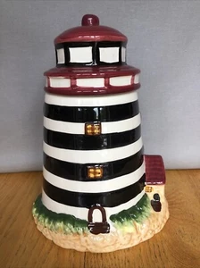 Ceramic Light House Cookie Jar Alco Industries Inc Cranbury NJ Red White Black - Picture 1 of 12