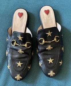Gucci Princetown Horsebit Loafer Mules EU 38 Black Leather Bees & Stars Slip On - Picture 1 of 12