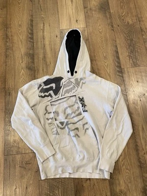 复古 Fox Racing 连帽衫男式 S 白色 Y2K Cyber Goth 摩托车运动衫 — 第 1/4 张图片