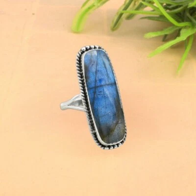 Belli Pietra Labradorite 925 Argento Sterling Mano Anello Tutti Misura K-21 - Immagine 1 di 4