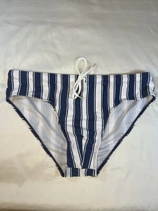Men’s Bikini Brief Swimsuit Navy Blue & White Stripe, Sizes Small Or Medium - Picture 1 of 15
