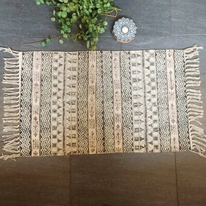 Natural Cotton Hand Block Print Woven Rug 112cm X 62cm 24/3 - Picture 1 of 12