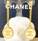 CHANEL CC Logo Round Coin Drop Stud Earrings Gold Tone 01P Auth D-j1134