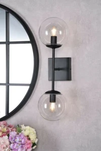 Wall Sconce Light Fixture Glass Shades Black Dining Room Bedroom or Bathroom 20" - Picture 1 of 9