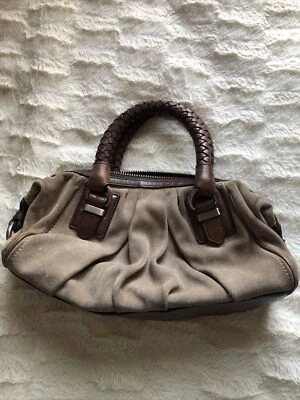 Banana Republic, Bolso de Mano, Gamuza Beige, Cuero Marrón, Cierre de Cremallera, Genuino ¡LINDO! Foto 1 de 4