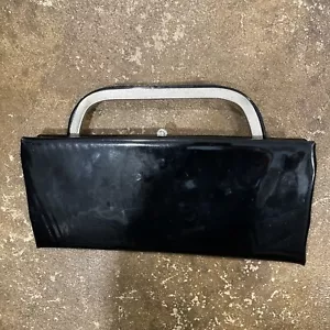 Vintage 1950s 1960s Black Patent Leather Clutch Handbag, Black Vinyl Lining - Picture 1 of 9