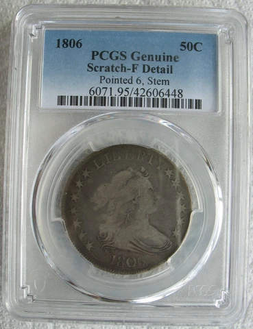 1806 Draped Bust Half Dollar 50c - PCGS F-Details Pointed 6, Stem Cover