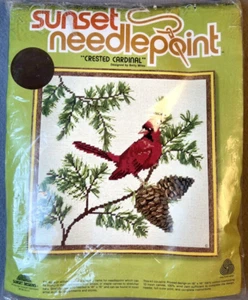 Sunset Needlepoint Embroidery Kit #6400 "Crested Cardinal" Sealed 12”x12” Framed - Picture 1 of 3