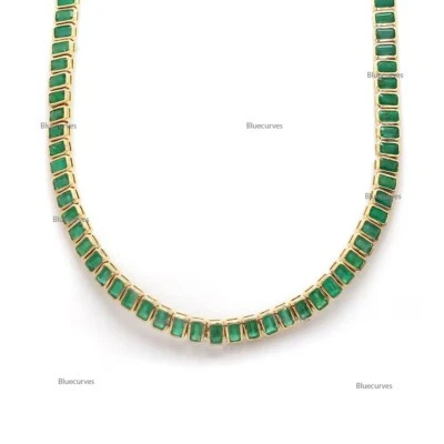 Juego de gargantilla collar cadena tenis oro 14k con bisel esmeralda natural forma octágono Foto 1 de 4