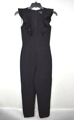 French Connection Women Black V-Neck Ruffled Cap Sleeves Back Zip Jumpsuit XXS/2 - Image 1 of 4