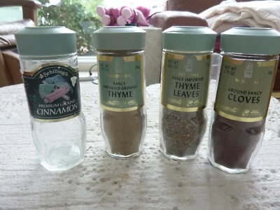 Vintage Schilling Spice Glass Jar Green Lid Thyme Ground & Leaves, Cloves Ground - Image 1 of 4