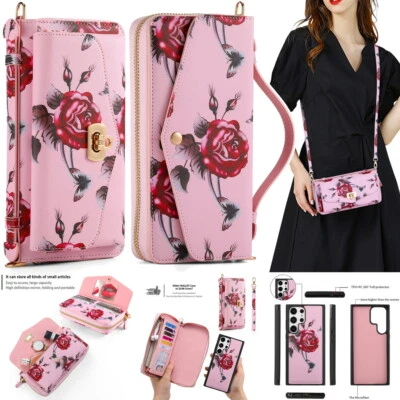 Printed Flower Crossbody Handbag Wallet Magnetic Cover For Samsung S23 S24 S25 - Image 1 of 4
