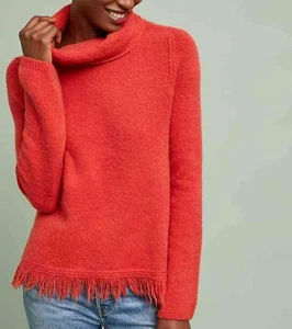Anthropologie Women’s Turtleneck Wool Blend Sweater Red Medium Bell Sleeve Fring - Picture 1 of 10