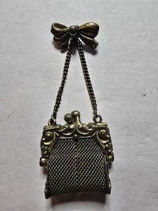 Vintage Mid Century Gold and Silver Tone Mini Mesh Coin Purse Pendant Broach - Picture 1 of 8
