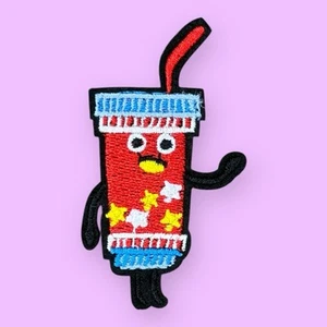 HUMAN DRINK BEVERAGE CHARACTER RED AND BLUE IRON ON PATCH 2.5" X 1.25" - Picture 1 of 3