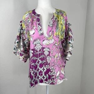 Mariacher Luli Top Pink Blouse 100% Silk Ruffles Floral V Neck Size M - Picture 1 of 13
