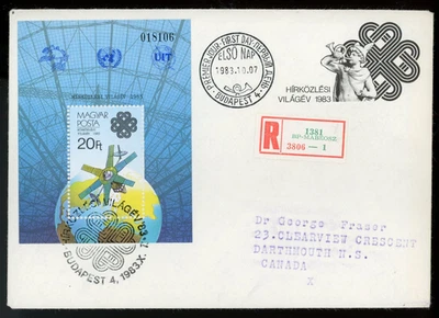 HUNGARY 1983 REGISTERED FDC TO DARMOUTH CANADA, WORLD COMMUNICATIONS YEAR ! LO95 - Image 1 of 2