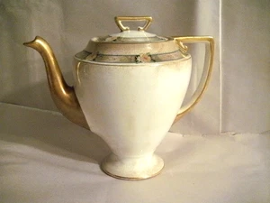WS GEORGE DERWOOD 7 COFFEE POT YELLOW ROSES ON PINK GREEN BAND W HEAVY GOLD 612B - Picture 1 of 19