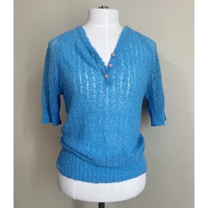 Vintage A.J. Knits Size Medium Short Sleeve Henley Open Knit Sweater  - Picture 1 of 8