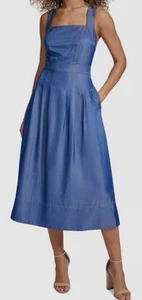Kensie Women's Blue Square-Neck Sleeveless Lined A-Line Denim Dress Size 16 - Picture 1 of 4