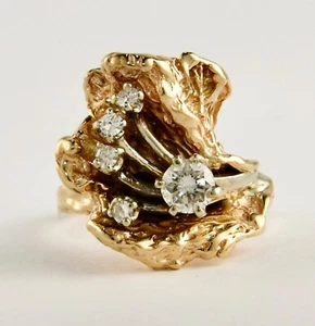 Estate 14K Yellow Gold Flora Fauna Design .45 CTTW Diamond Ring Size 4 3/4 - Picture 1 of 8