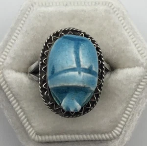 Vintage Egyptian Faience Blue Winged Scarab Beetle Sterling Silver Ring - 9.50 - Picture 1 of 11