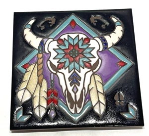 Masterworks Tile Native American Bison Skull Southwest Art Pottery Trivet 6"x6" - Picture 1 of 6