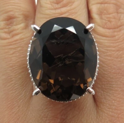 Anillo DSMK Plata de Ley 925 Grande Cuarzo Ahumado y Topacio Blanco Gema Talla 7.25 Foto 1 de 4