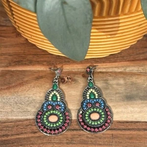 Colorful Art Deco Beaded Drop Stud Earrings Green Blue Pink Orange 2.25" - Picture 1 of 5