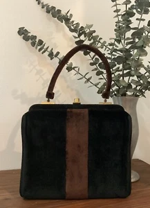 1950s 1960s Lewis Black & Brown Velour Handbag, Vintage Purse, 50s 60s Mod Retro - Picture 1 of 9