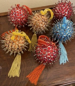 6 VTG Push Pin Beaded Christmas Ornaments Sequins Spiky Starburst Ball Tassel - Picture 1 of 14