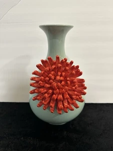 Anthropologie Chrysantheme 3D Keramik Vase Türkis Rot Appliziert Blume Mint - Bild 1 von 8