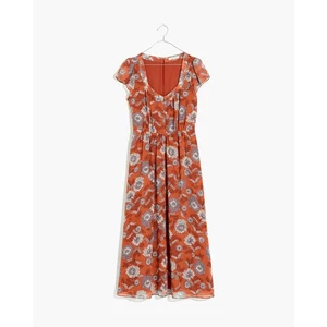 Madewell Sheer-Sleeve Button Front Midi Dress Gathered Blooms Orange Size 2 - Picture 1 of 13
