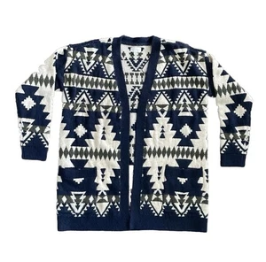 Lucky Brand Intarsia Tribal Aztec Longline Cardigan Sz M Blue Open Front Pockets - Picture 1 of 14