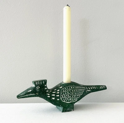 Vintage POTTERY BARN Primitive Green Bird Candlestick Holder Folk Art Roadrunner - Image 1 of 4