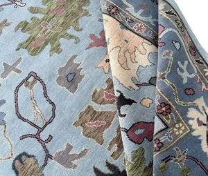Modern Oushak Turkish Hand Knotted Blue 100% Wool 10x14 Area Rug for Living Room - Picture 1 of 13
