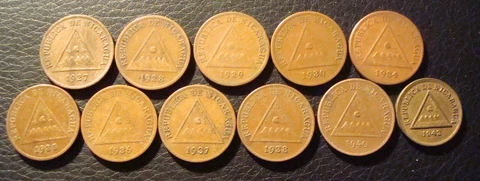 Nicaragua 1 centavo 11 coin lot 1927 28, 29, 30, 34, 35, 36, 37, 38, 40 and 1943 Cover