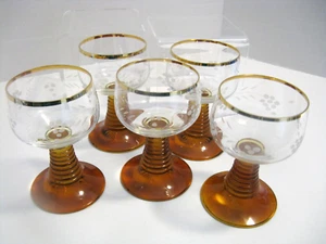 Vtg Roemer Style Amber Ribbed Stem Wine Glasses w/Etched Grape Design Set of 5 - Picture 1 of 3