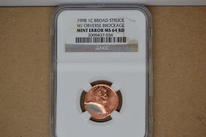 1998 Lincoln Cent- Broad Struck w/ Obverse Brockage- NGC MS-64 RED. Incredible! - Picture 1 of 5