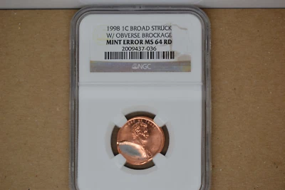 1998 Lincoln Cent- Broad Struck w/ Obverse Brockage- NGC MS-64 RED.  Incredible! - Image 1 of 4