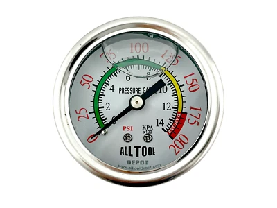 Oil Filled Pressure Gauge 2" Dial Center Back Mount 1/4"NPT - 0 to 200PSI Color - Image 1 of 4