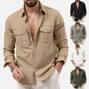 Camicetta uomo casual manica lunga sciolta cargo casual camicia abbottonata top? - Foto 1 di 30