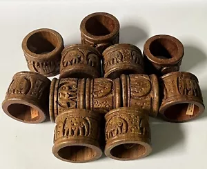 Vintage Boho Hand CARVED Wood Napkin Rings Holders India Set Of 12 Elephant - Picture 1 of 12